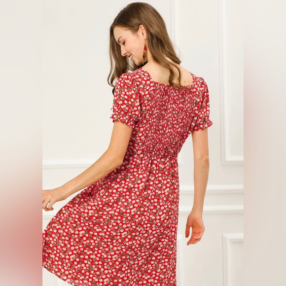 WOMEN'S SUMMER CASUAL SMOCK RUFFLE CHERRY PRINT A-LINE DRESS - Picture 2 of 3